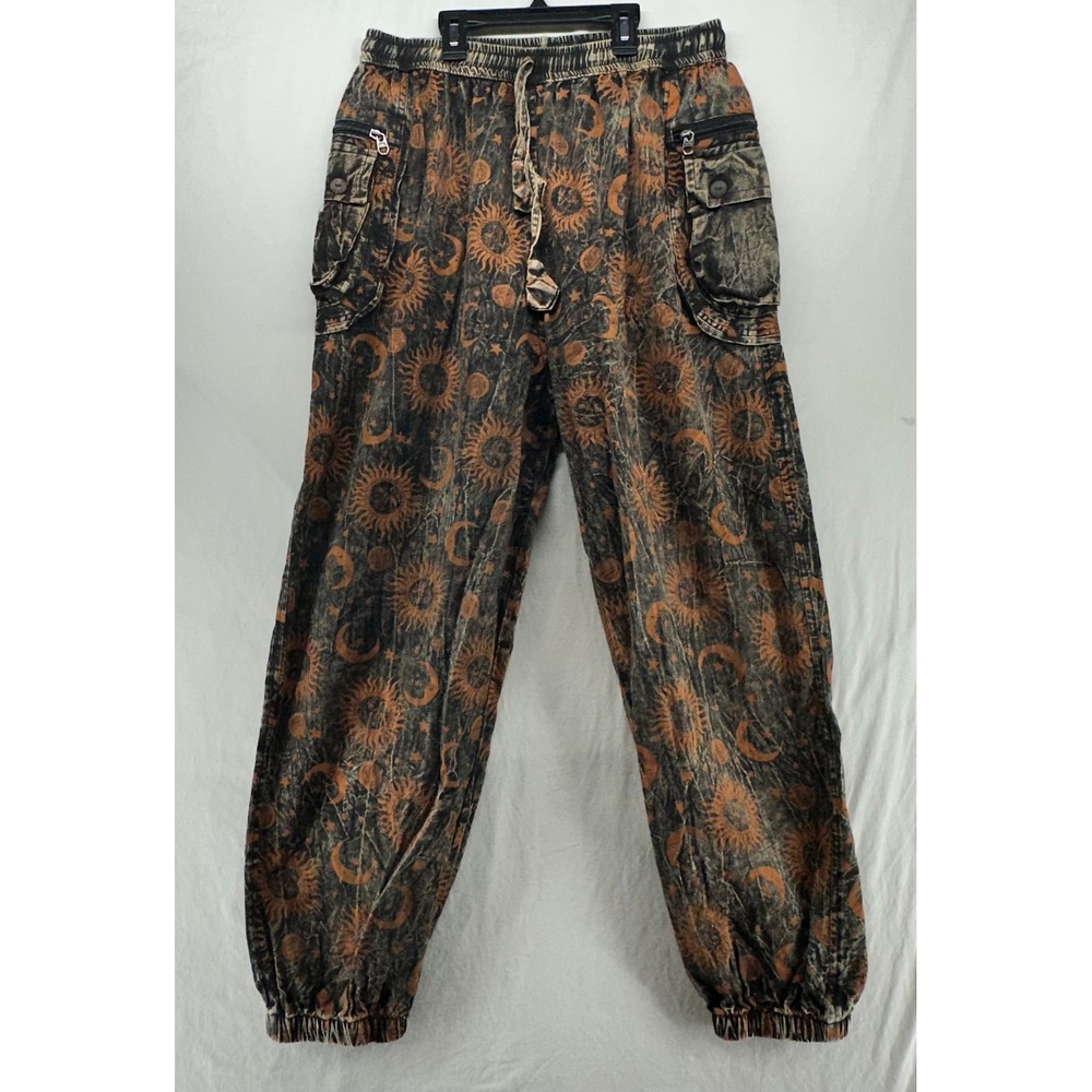 Rising International Celestial Sun Moon Joggers Acid Wash Cargo Pants XL Boho